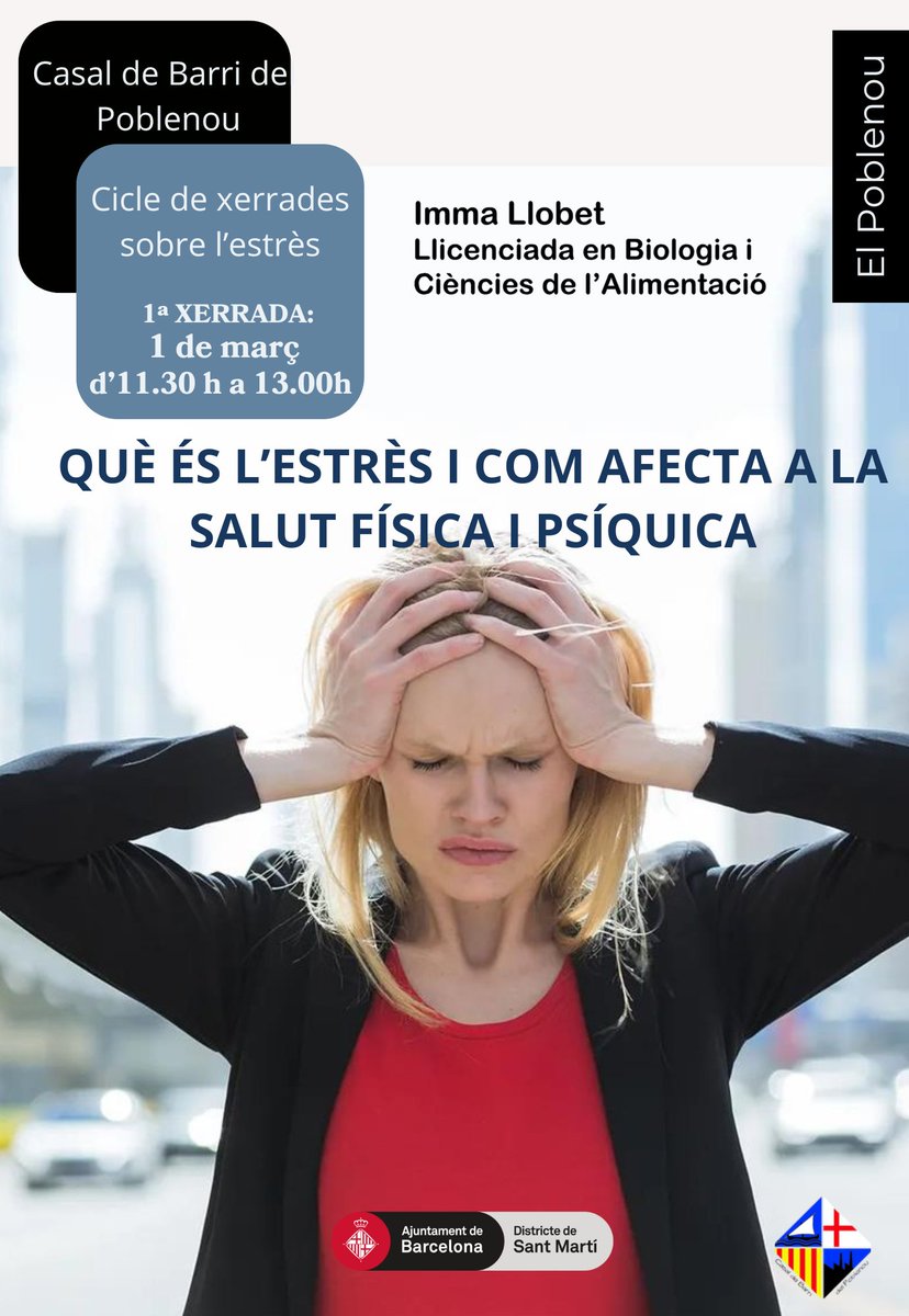 ✨Ja anem obrint els dissabtes al matí des de fa unes setmanes, avui presentem la primera activitat!

Cicle de xerrades sobre l'estrès amb Imma Llobet. Començarem aquest dissabte 1 de març sobre com ens afecta l'estrès física i psíquicament

⏳A les 11.30h

Vine al Casal de Barri