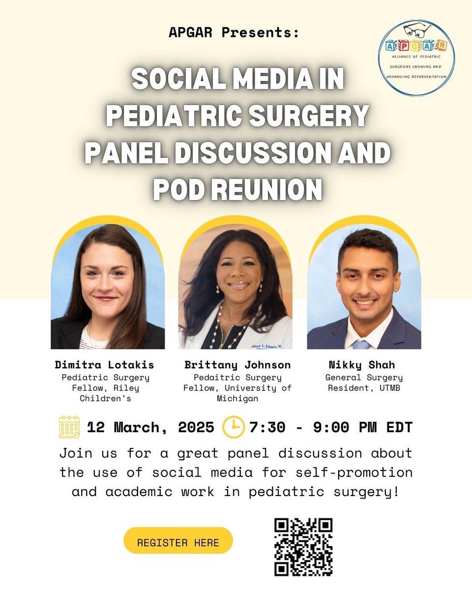 APGAR (@apgarcommunity) on Twitter photo Join us for our next event on 3/12 about the use of social media in pediatric surgery, featuring <a href="/LotakisMD/">Dimitra Lotakis, MD</a> <a href="/brittljohn/">Brittany L. Johnson, MD 🧸🩺</a> and <a href="/NikhilShah_MD/">Nikhil Shah, MD</a> !!! Registration is open and will close on 3/9. Join us for our next event on 3/12 about the use of social media in pediatric surgery, featuring <a href="/LotakisMD/">Dimitra Lotakis, MD</a> <a href="/brittljohn/">Brittany L. Johnson, MD 🧸🩺</a> and <a href="/NikhilShah_MD/">Nikhil Shah, MD</a> !!! Registration is open and will close on 3/9.