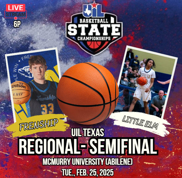 Texas UIL SPORTS (@texasuil_sport) on Twitter photo 🏀🚨Regional Semifinals!🚨
Frenship vs Little Elm
📺Livestream: bit.ly/40VSJKfr
🗓 | Tue.Feb.25
🕖| 6p.
<a href="/LEBoysLoboHoops/">Little Elm Boys Basketball</a> <a href="/FrenshipSports/">Frenship Athletics</a> <a href="/leisd/">Little Elm ISD</a> <a href="/LEISDAthletics/">LEISD Athletics</a> <a href="/IanBeast35/">Ian Berry</a> <a href="/Berry79N/">Nick Berry</a> <a href="/_Dariusj3/">Darius Johnson</a> <a href="/jedi2tufff/">Jacob “Jedi” Ibidapo</a> <a href="/blue_mayne/">Aidan " Blue" Mayne</a> <a href="/Braiidonn/">“Bj”</a> <a href="/donniebartlett9/">Donnie Bartlett</a> 🏀🚨Regional Semifinals!🚨
Frenship vs Little Elm
📺Livestream: bit.ly/40VSJKfr
🗓 | Tue.Feb.25
🕖| 6p.
<a href="/LEBoysLoboHoops/">Little Elm Boys Basketball</a> <a href="/FrenshipSports/">Frenship Athletics</a> <a href="/leisd/">Little Elm ISD</a> <a href="/LEISDAthletics/">LEISD Athletics</a> <a href="/IanBeast35/">Ian Berry</a> <a href="/Berry79N/">Nick Berry</a> <a href="/_Dariusj3/">Darius Johnson</a> <a href="/jedi2tufff/">Jacob “Jedi” Ibidapo</a> <a href="/blue_mayne/">Aidan " Blue" Mayne</a> <a href="/Braiidonn/">“Bj”</a> <a href="/donniebartlett9/">Donnie Bartlett</a>