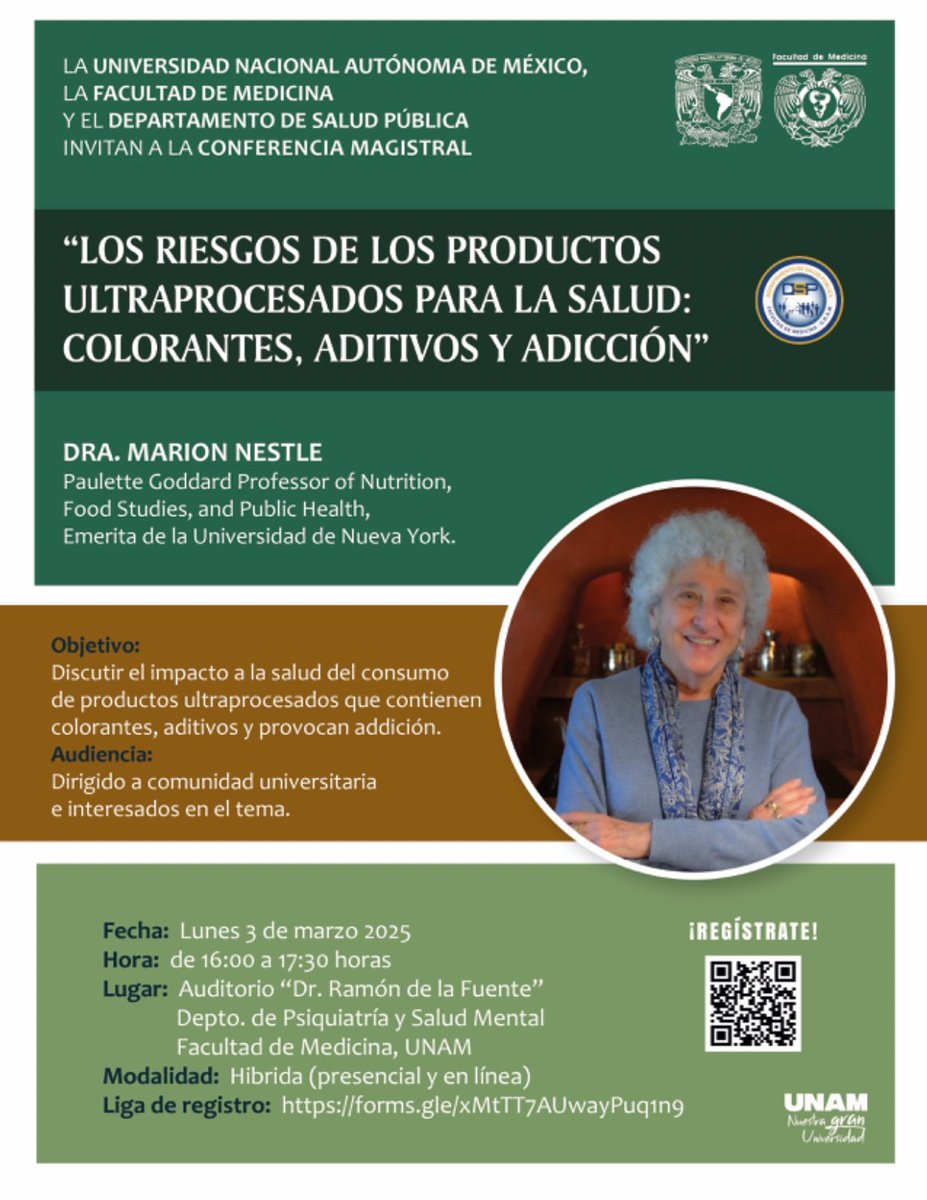 Los invitamos a la conferencia magistral "Los riesgos de los productos ultraprocesados para la salud: colorantes, aditivos y adicción"🍫🍟❌
Como invitada la Dra. Marion Nestle catedrática de la Universidad de Nueva York.
¡LOS ESPERAMOS!