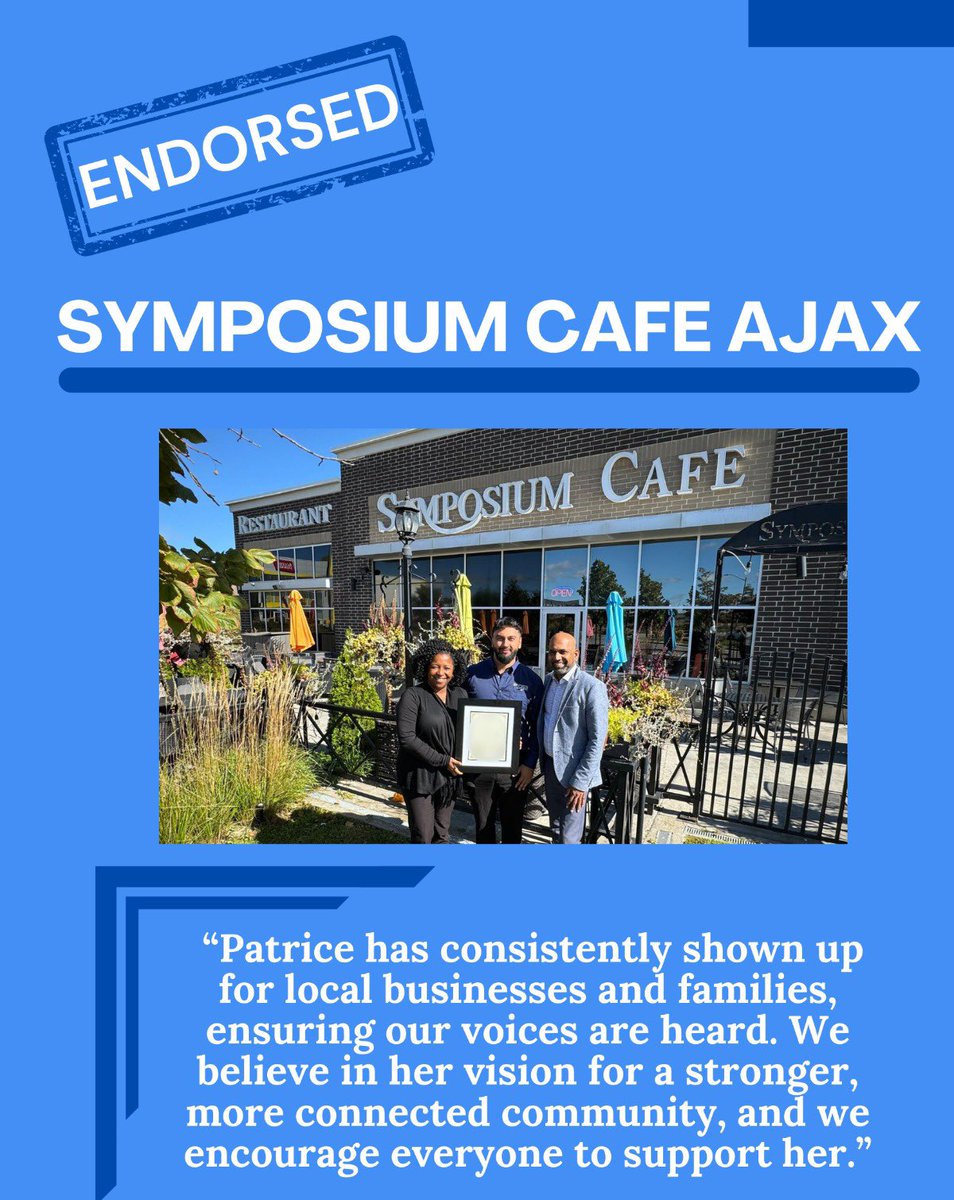Thank you Symposium Cafe for your endorsement! 🙌🏾 

I hope to continue working and advocating for businesses in Ajax and across the Durham Region!