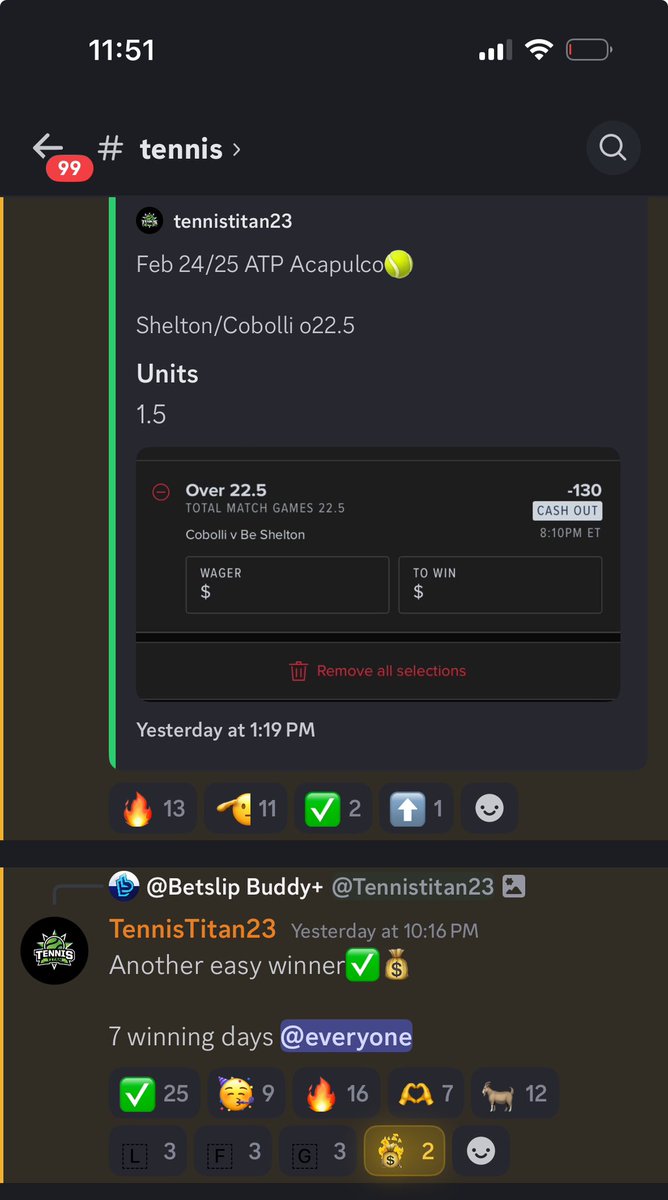 Sitting around this afternoon with nothing to bet on? No worries I got you🎾

2.5U and 1.75U has been posted to discord🔥 

Join us as we go for 8 strait winning days📈

whop.com/checkout/plan_…