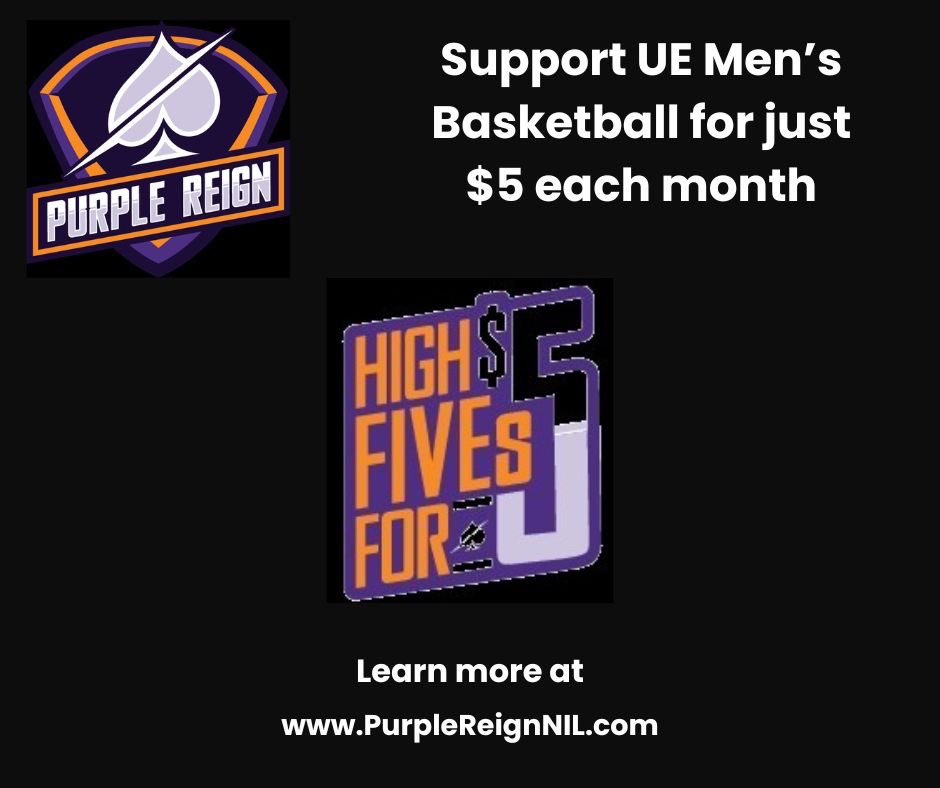 🚨 Join the movement! 🚨

Support UE Men’s Basketball for just $5 a month with the High Fives for 5 campaign! Every dollar goes toward helping our athletes succeed on and off the court. 💜🏀

Sign up today at PurpleReignNIL.com and be part of  Purple Reign! #HighFivesFor5