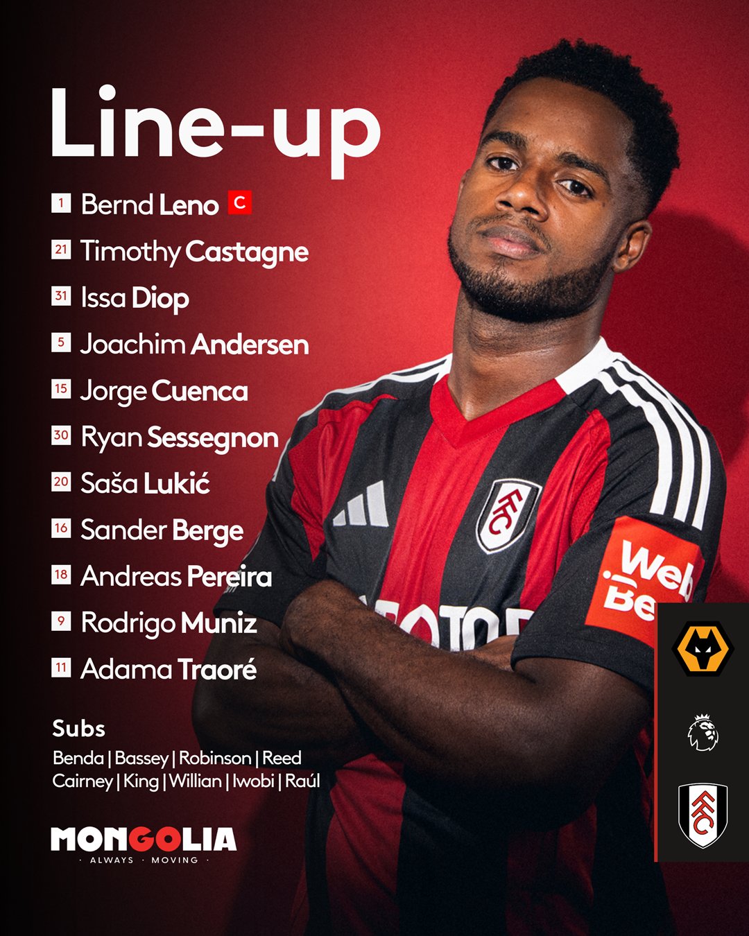 XI: Leno, Castagne, Diop, Andersen, Cuenca, Sessegnon, Lukić, Berge, Andreas, Muniz, Adama

Subs: Benda, Bassey, Robinson, Reed, Cairney, King, Willian, Iwobi, Raúl