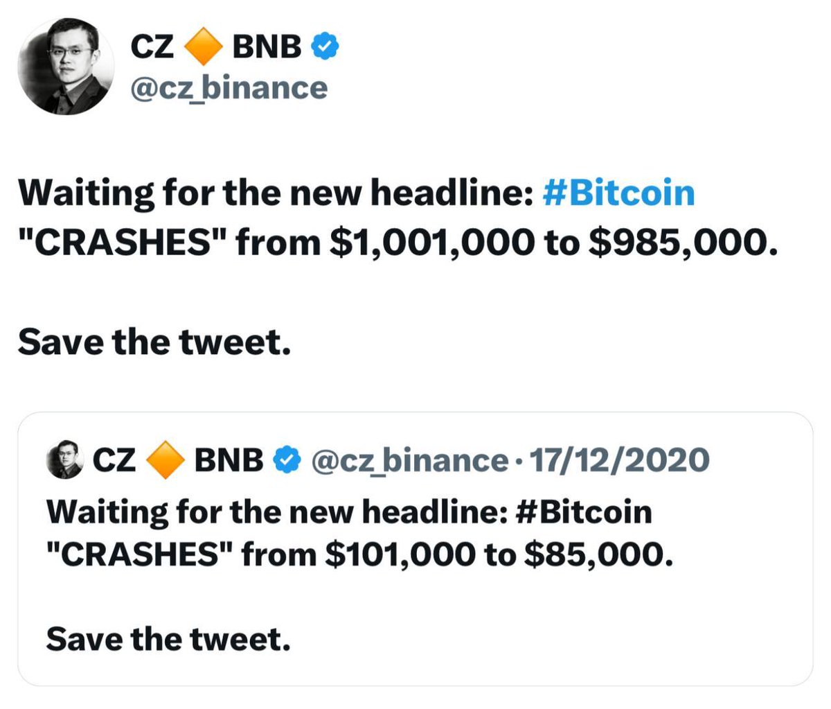🚨 LATEST: CZ jokes about Bitcoin “crashing” from $1M to $985K, echoing his  2020 tweet.