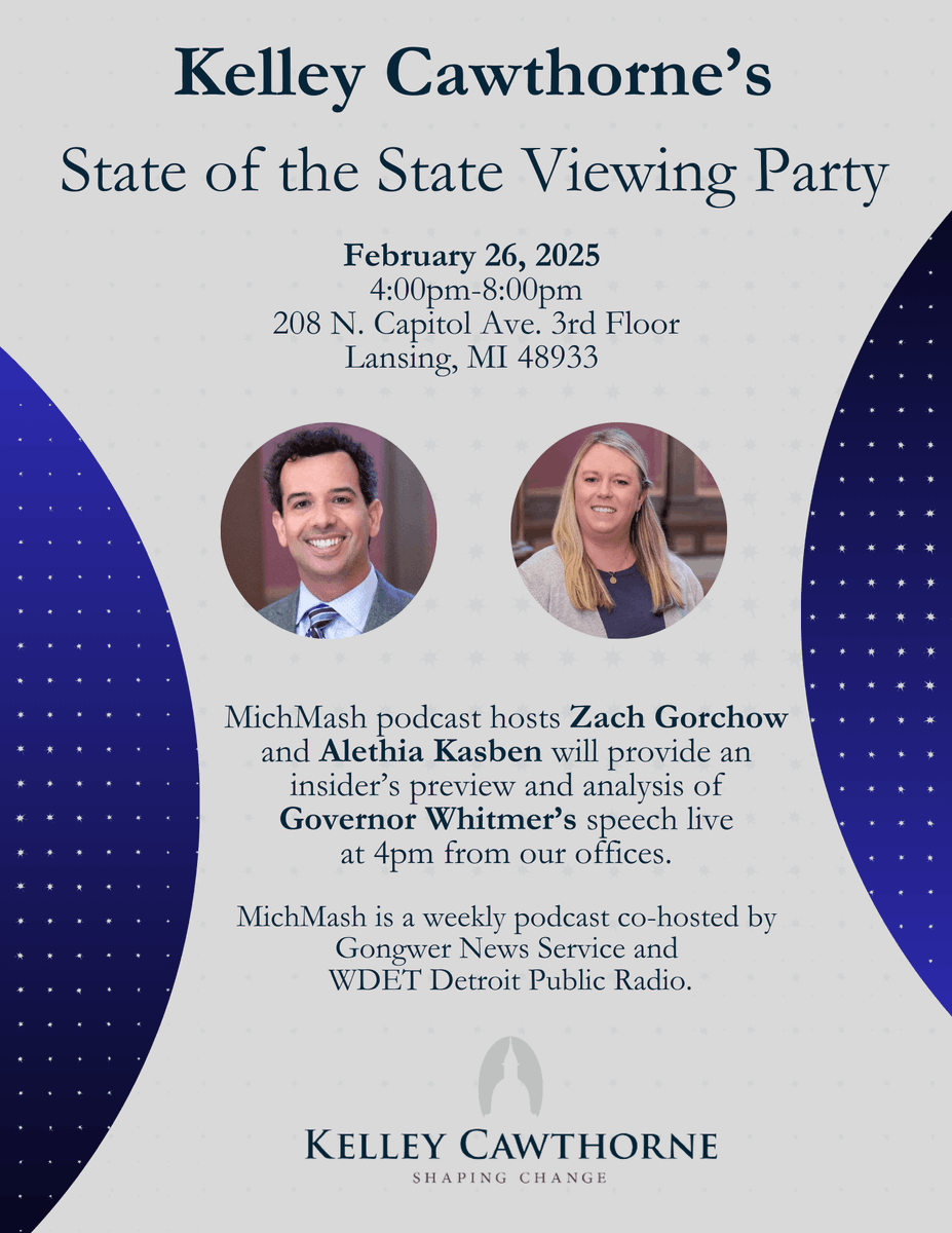 kelleycawthorne's tweet photo. 🎉 REMINDER: Join us for our State of the State Viewing Party!  Don't miss Zach Gorchow and Alethia Kasben's insightful analysis of Gov. Whitmer’s speech, live at 4pm from our office.  #ShapingChange #StateOfTheState #KCTeam 🎉 https://t.co/gIlJGSwoMC