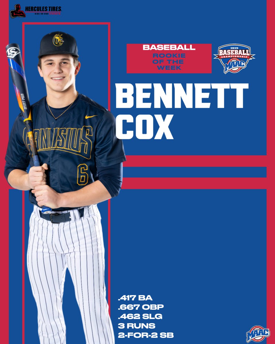 Congratulations to this week's <a href="/HerculesTires/">Hercules Tires</a> MAAC Baseball weekly award winners!

Player: Gavin Donohue, @PioBaseball
Pitcher: Ben Alekson, <a href="/Stags_Base/">Fairfield Baseball</a>
Rookie: Bennett Cox, <a href="/GriffsBaseball/">Canisius Baseball</a>  

📰: bit.ly/4hUB3Sl

#MAACSports x #MAACBaseball