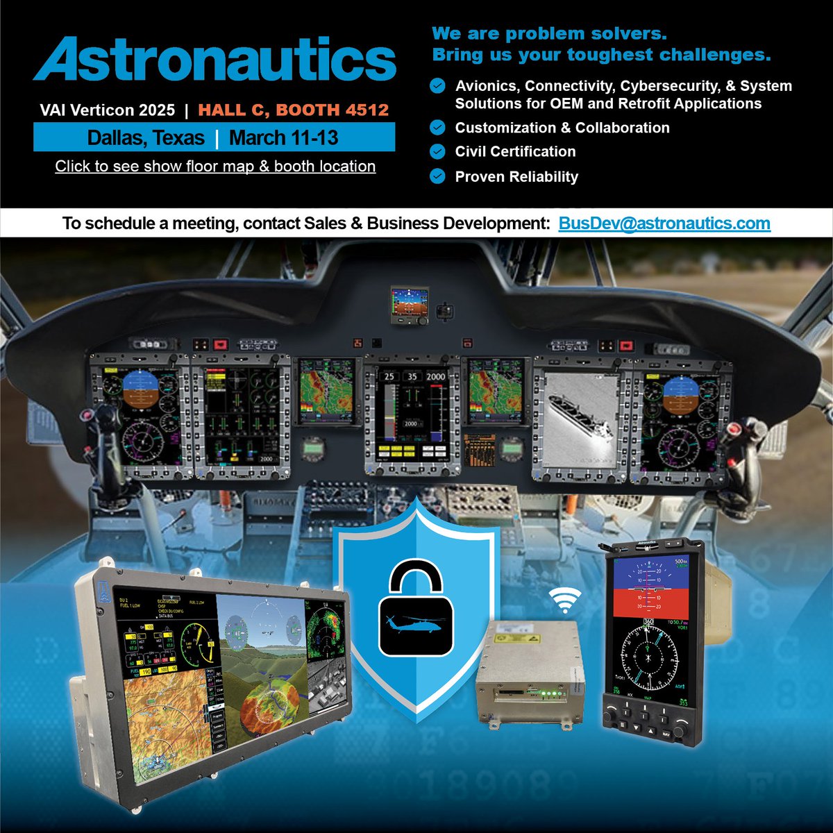 Only 2 weeks until <a href="/VAI/">vai</a> #VERTICON March 11-13! Let’s meet at the show!  Contact us at BusDev@Astronautics.com to schedule a meeting!

#Avionics #Cybersecurity #Connectivity
#VerticalAviationInternational