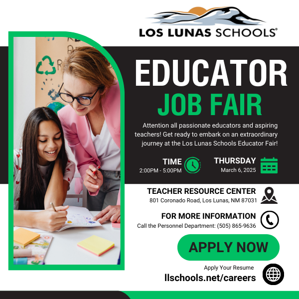 LLSchools (@ll_schools) on Twitter photo We're hiring teachers! We're hosting an Educator Fair on March 6 at 2pm at the Teacher Resource Center-801 Coronado Rd. in Los Lunas. Apply at llschools.net/careers or call (505) 865-9636 <a href="/UNM/">Univ. of New Mexico</a> <a href="/unmcareersrvcs/">UNM Career Services</a> <a href="/NMHighlands/">Highlands University</a> <a href="/nmhighered/">New Mexico Higher Education Department</a> <a href="/WNMU/">WNMU</a> <a href="/enmu/">ENMU</a> <a href="/nmsu/">New Mexico State</a> <a href="/LLS_SPSV/">LLS Special Services</a> We're hiring teachers! We're hosting an Educator Fair on March 6 at 2pm at the Teacher Resource Center-801 Coronado Rd. in Los Lunas. Apply at llschools.net/careers or call (505) 865-9636 <a href="/UNM/">Univ. of New Mexico</a> <a href="/unmcareersrvcs/">UNM Career Services</a> <a href="/NMHighlands/">Highlands University</a> <a href="/nmhighered/">New Mexico Higher Education Department</a> <a href="/WNMU/">WNMU</a> <a href="/enmu/">ENMU</a> <a href="/nmsu/">New Mexico State</a> <a href="/LLS_SPSV/">LLS Special Services</a>
