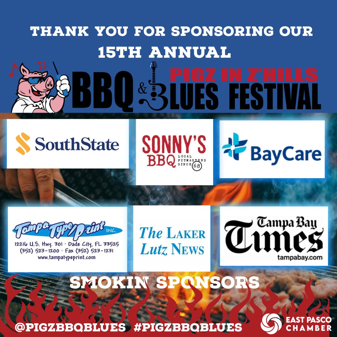 A huge thank you to SouthState Bank, Sonny's BBQ (6606 Gall Blvd, Zephyrhills, FL), BayCare, Tampa Type Print, Inc., The Laker - Lutz News, Tampa Bay Times  for sponsoring the 15th Annual Pigz in Z'Hills BBQ &amp; Blues Festival! Your support means the world to us!