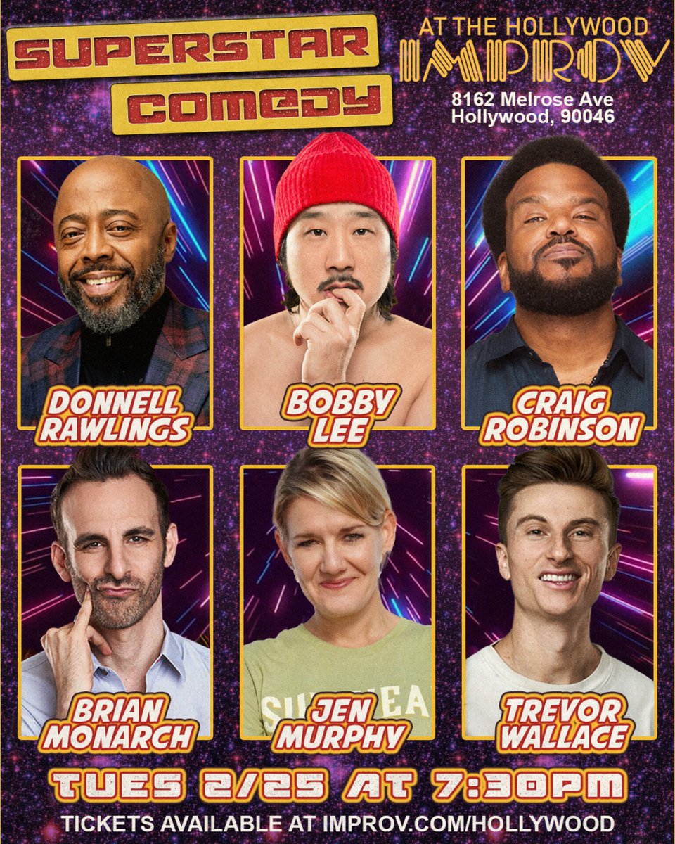 Big show tonight at 7:30 in The Main Room featuring <a href="/bobbyleelive/">Bobby Lee</a> <a href="/donnellrawlings/">Donnell Rawlings</a> <a href="/MrCraigRobinson/">Craig Robinson</a> #trevorwallace <a href="/brianmonarch/">Brian Monarch</a> <a href="/jenmurphycomedy/">Jen Murphy</a> +more!  Get tickets at improv.com/hollywood #hollywoodimprov #comedy