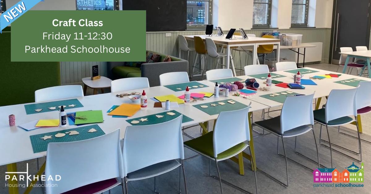 Our free community meals and art class are on this week at Parkhead Schoolhouse! Pop in from 11am for some crafting, lunch and a chat😀