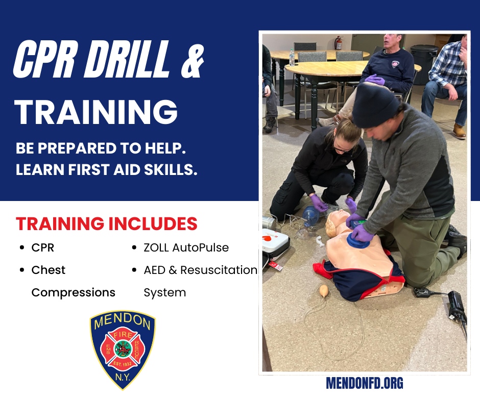 Training to save lives! 🚑🔥 During a recent drill, Mendon firefighters tackled two challenging ‘person-down’ scenarios involving cardiac arrest. Crews focused on delivering immediate, high-quality CPR and chest compressions while practicing with life-saving tools like the AED...
