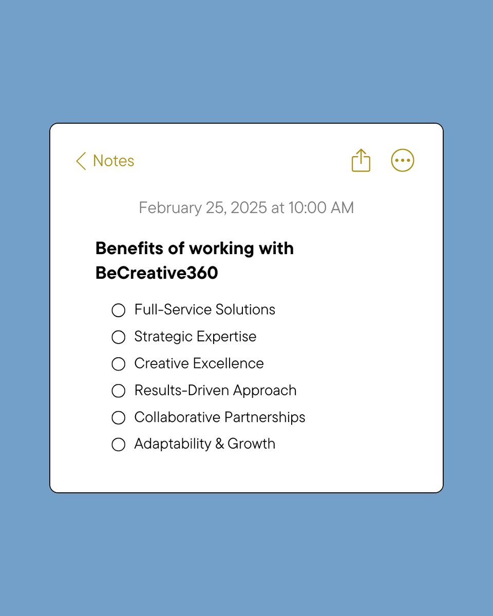 Why choose BeCreative360? ✨ Check out the benefits of working with us—straight from our notes! 💡📱 From creative strategy to expert execution, we’ve got you covered. Let’s bring your brand to life! 🚀 #BeCreative360 #MarketingMadeEasy #WorkWithTheBest"