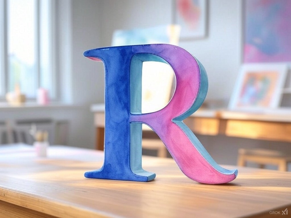 An "R", water colored in a paint studio. 🎨