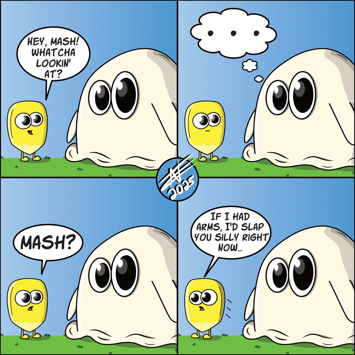 NengelArt's tweet photo. Stare (Comic Strip #1)
Featuring Mash and Kernel!
#Art #Digital #DigitalArt #Mash #Potato #MashedPotato #MashedPotatoes #Corn #Kernel #CornKernel #CartoonCharacter #SillyCharacter #Cute #Goofy #Food #OriginalArt #OriginalCharacter #Comic #ComicStrip https://t.co/2qK8f5cAa9