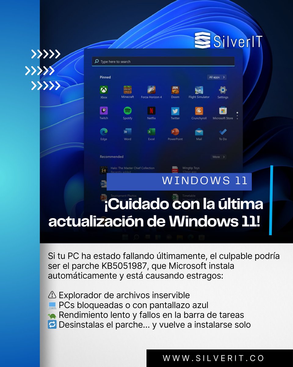 SilverIT_'s tweet photo. 🚨 ¡Cuidado con la última actualización de Windows 11

⚠️ Explorador de archivos inservible
💻 PCs bloqueadas o con pantallazo azul
🐢 Rendimiento lento y fallos en la barra de tareas
🔁 Desinstalas el parche… y vuelve a instalarse solo

#Windows11 #Actualización #Fallas https://t.co/ev95MLOt51