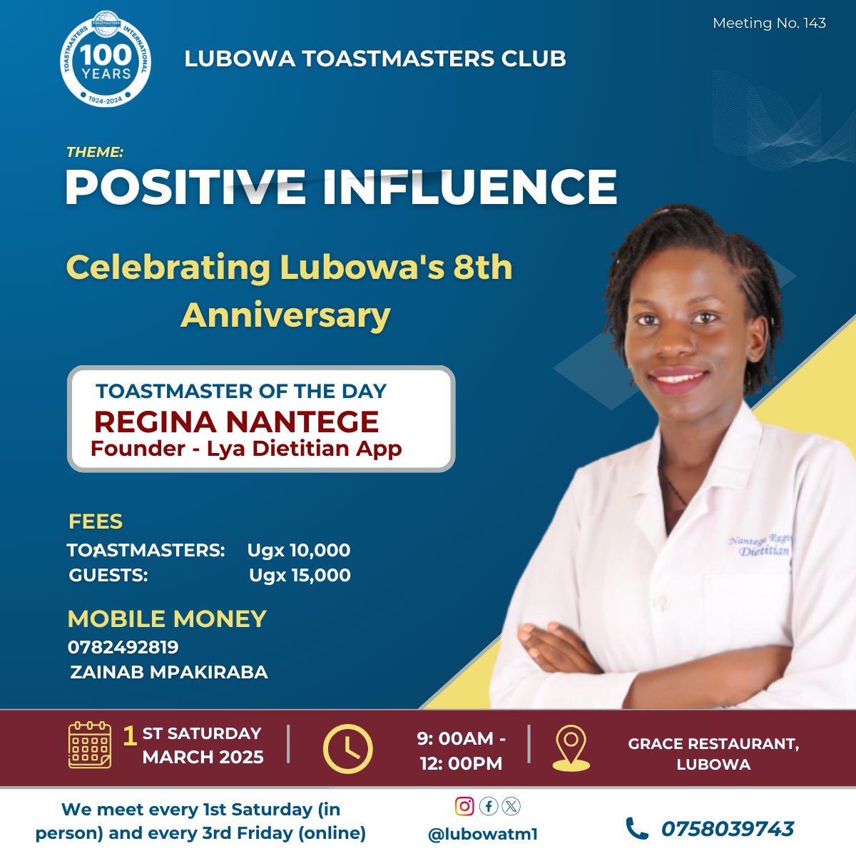 🌟 POSITIVE INFLUENCE🌟

 Join Lubowa Toastmasters  Club on 📅1st March 2025,
⏰9:00 AM - 12:00 PM, 
📍Grace Restaurant, Lubowa.

Discover how to ignite positive change, build resilience &amp; influence through effective communication🎉🤩👌✨

 #PositiveInfluence #LubowaToastmasters