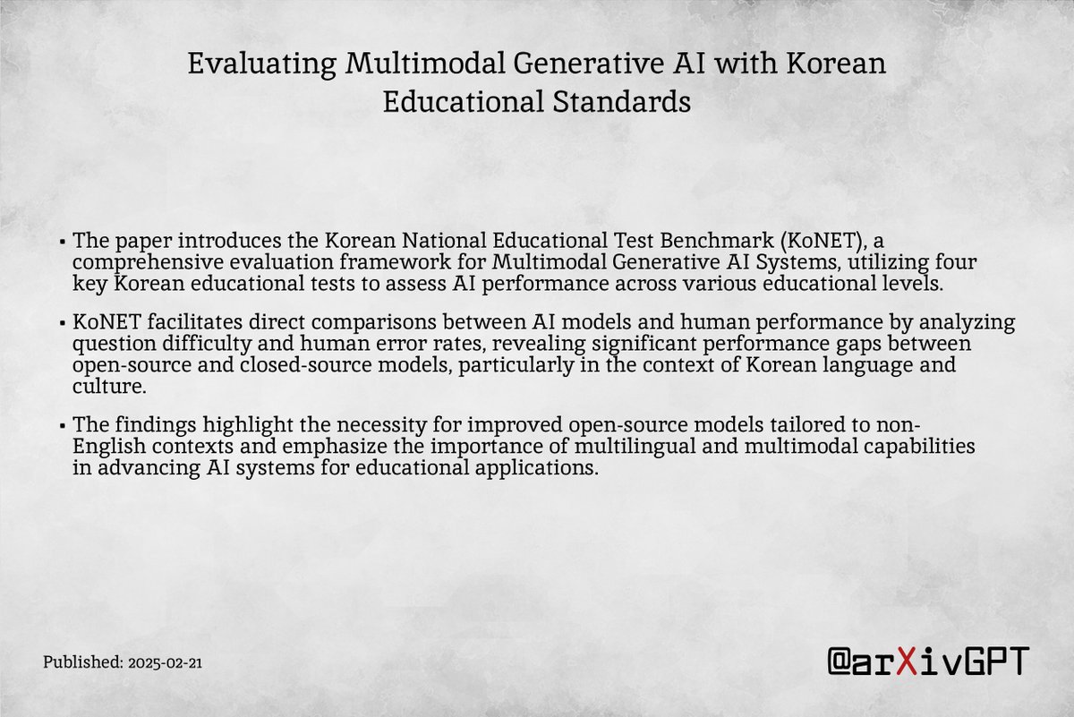 arXivGPT (@arxivgpt) on Twitter photo π·οΈ:Evaluating Multimodal Generative AI with Korean Educational Standards
π€:<a href="/GeewookKim/">Geewook Kim</a>
π:arxiv.org/abs/2502.15422β¦ π·οΈ:Evaluating Multimodal Generative AI with Korean Educational Standards
π€:<a href="/GeewookKim/">Geewook Kim</a>
π:arxiv.org/abs/2502.15422β¦