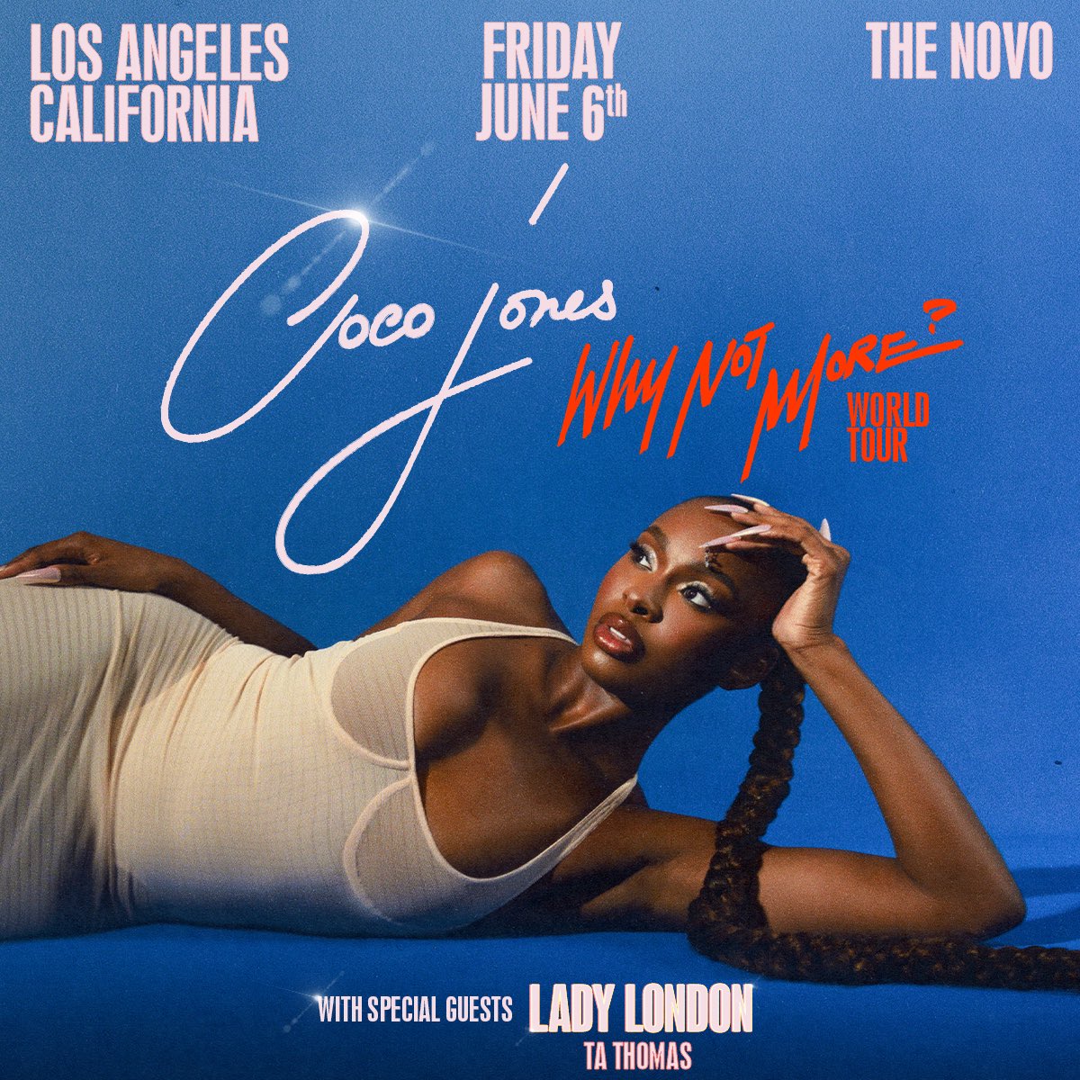 Here we go ✨

<a href="/TheRealCocoJ/">Coco Jones</a> is lighting up the stage on Friday, June 6th with special guests <a href="/LadyLondon/">lady .</a> and <a href="/TAThomas4real/">TA Thomas</a> 

Tickets on sale Friday @ 10am at the link in our bio.