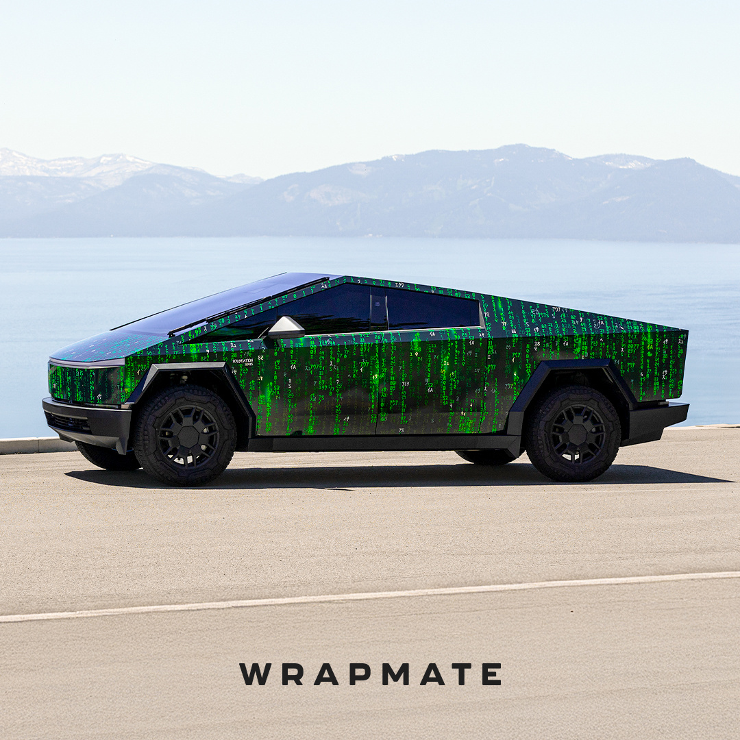 wrapmate's tweet image. Not all glitches are bad. This Cybertruck wrap takes inspiration from The Matrix, bringing that signature digital rain effect to a vehicle that already looks like it drove straight out of the future. #CybertruckWrap #MatrixStyle #VehicleWraps #CustomDesign #Wrapmate