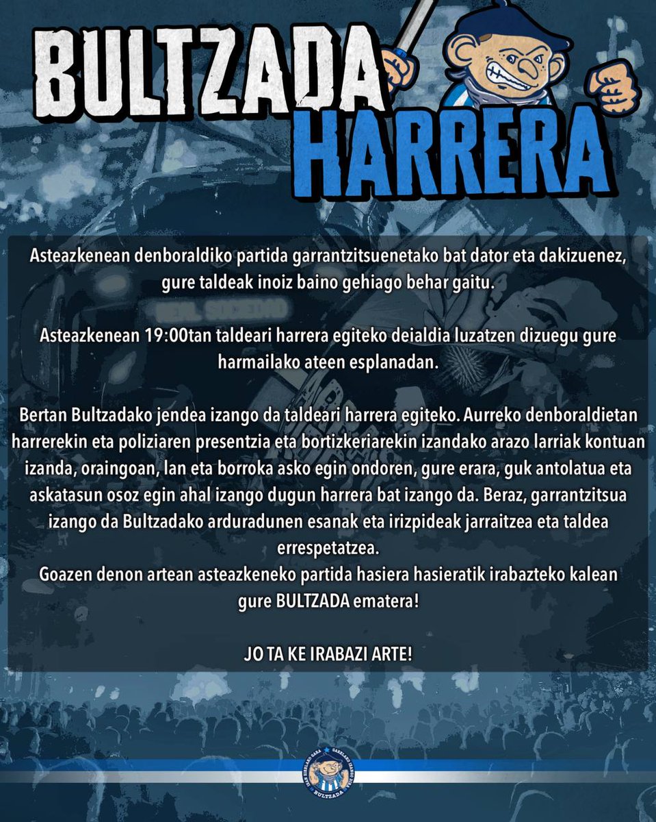 TALDEARI HARRERA 🧨🔥

Hilabete luzeetako lanari esker, azkenean behar bezalako harrera egin ahal izango diogu taldeari.

📍 Hego Harmailaren kanpoaldean
🕖 19:00etan
