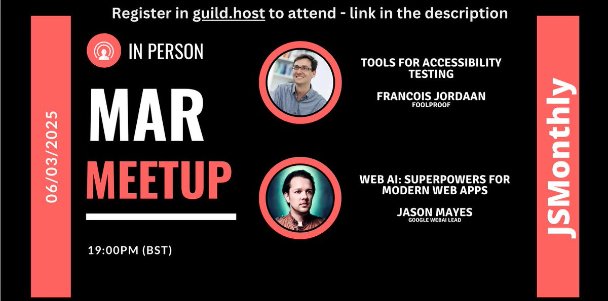 CityJS Conferences (@cityjsconf) on Twitter photo We are so excited to have a special <a href="/jsmonthlylondon/">JS Monthly London & Online</a> where you can learn all about:
RSVP now - guild.host/events/jsmonth…
Tools for #Accessibility by the <a href="/foolproof/">foolproof</a> accessibility guru <a href="/fjordaan/">Francois Jordaan</a> and
All about #WebAI from <a href="/jason_mayes/">Jason Mayes</a>
Lead #WebAI <a href="/Google/">Google</a>
Register now on We are so excited to have a special <a href="/jsmonthlylondon/">JS Monthly London & Online</a> where you can learn all about:
RSVP now - guild.host/events/jsmonth…
Tools for #Accessibility by the <a href="/foolproof/">foolproof</a> accessibility guru <a href="/fjordaan/">Francois Jordaan</a> and
All about #WebAI from <a href="/jason_mayes/">Jason Mayes</a>
Lead #WebAI <a href="/Google/">Google</a>
Register now on