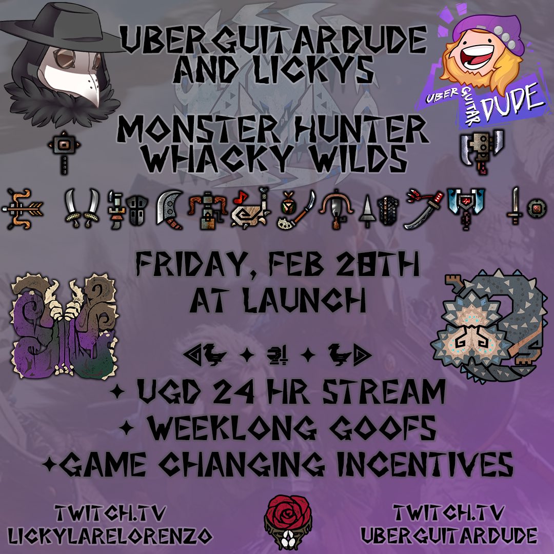 Excited to announce my incentive stream this Friday 12am EST. To celebrate the new MonHun, I’ll be doing a 24hr stream of Wilds where people can pay to mess with gear, controls, limit healing, etc.

I’ll be joined by <a href="/LickyLorenzo/">Lorenzo D.</a>, so expect tons of laughs and rage-filled banter.