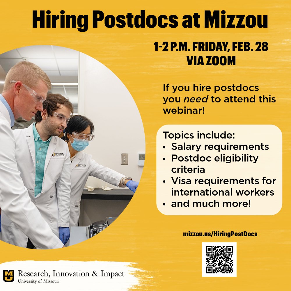 Do you hire postdocs? Get some tips &amp; tricks to make the process easier! All your need-to-know info will be condensed into a webinar with Director of Postdoctoral Education, Valli Sarveswaran. 

1 p.m. Friday, Feb. 28
Zoom link: mizzou.us/HiringPostDocs
