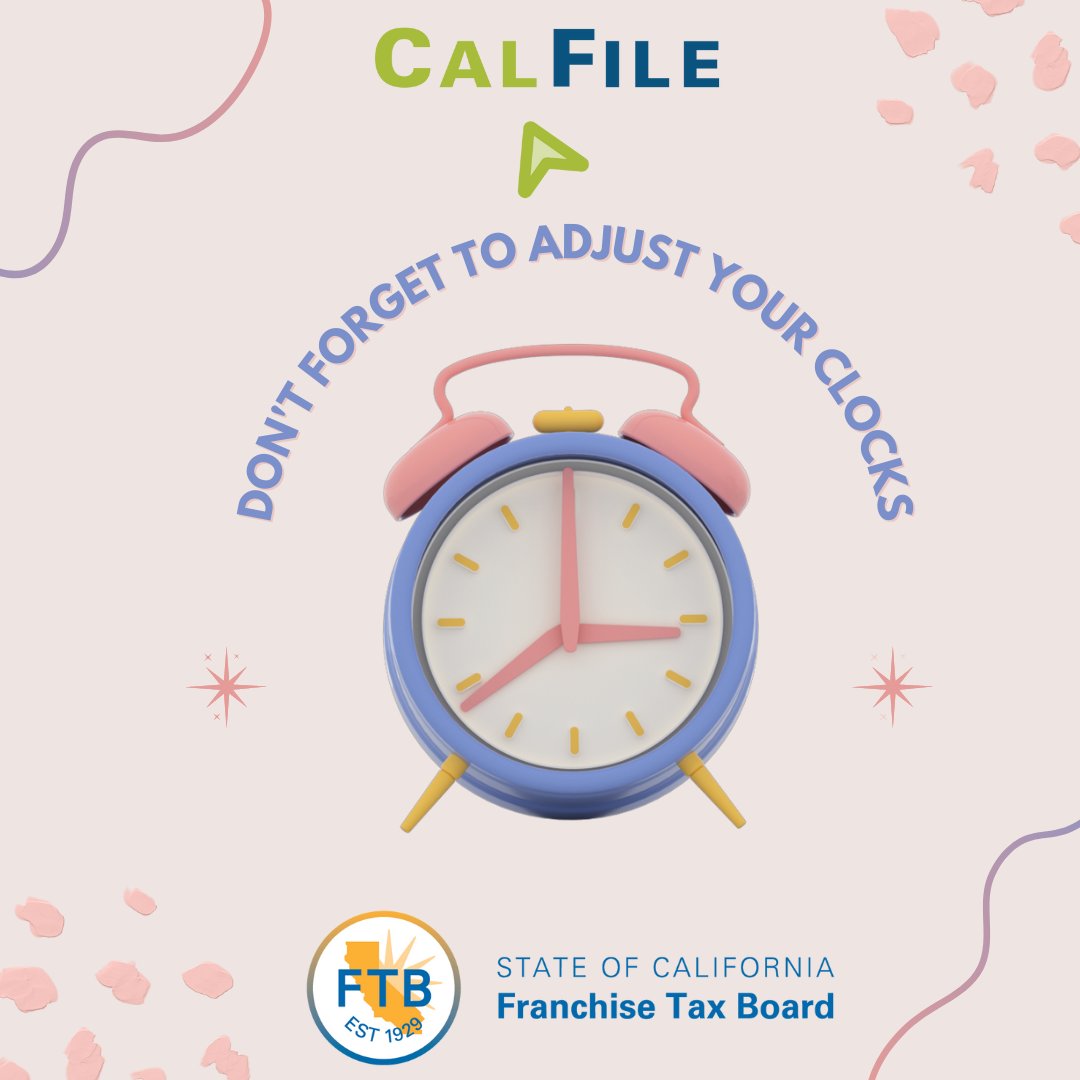 Don’t forget it’s Day Light Savings time this Sunday. You’ll lose an hour of sleep, but you can’t lose by giving #CalFile a try to file your taxes! It’s fast, easy, and free!