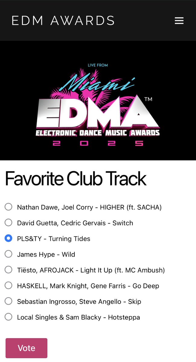 “Turning Tides”, a song a co-wrote &amp; sang with <a href="/plsandtybased/">PLS&TY</a> has been nominated for ‘Favourite Club Track’ at the Miami EDMA awards! Vote here! 💗

edmawardsmiami.com/vote