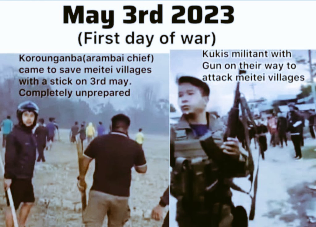 Contrasting tale of two visuals on 3rd May 2023-the day #Kukis decided to unleash their decades long dream of attacking #Meiteis after the Naga episode.
Systematic cleansing to push their ethnocentric ideologies by usurping the indigenous populace through demographic engineering!