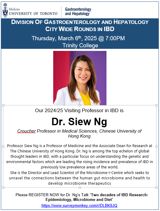 The University of Toronto Division of Gastroenterology and Hepatology is proud to welcome Dr. Siew Ng as our 2024/25 Visiting Professor in IBD!
<a href="/Siew_C_Ng/">Siew Ng</a> <a href="/CUHKofficial/">The Chinese University of Hong Kong - CUHK</a>