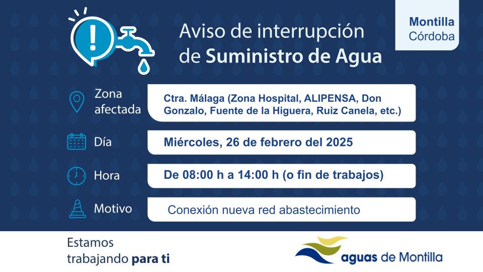 ⚠️ Aviso #AguasdeMontilla
❌ Mañana, 26 de febrero, corte de suministro por mejoras en la red de abastecimiento en las zonas indicadas de <a href="/Ayto_Montilla/">Ayuntamiento de Montilla</a>
🙏 Sentimos las molestias