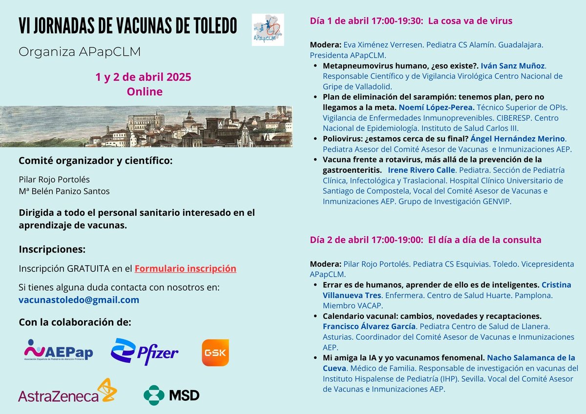 Bepasan's tweet photo. Os dejo el programa de las VI Jornadas de Vacunas de Toledo de @APapCLM. Tendrán lugar las tardes del 1 y 2 de abril, este año en formato online. Tenemos temas variados y grandes ponentes. A la inscripción se accede con el código que os pongo. ¡Os esperamos! https://t.co/HBlxIgC1UO