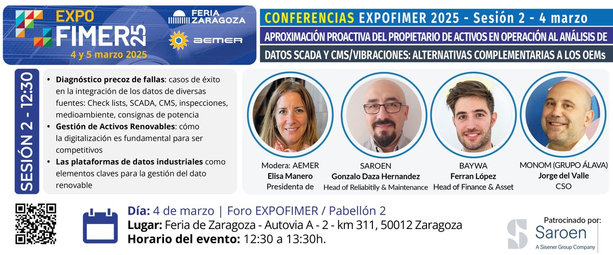 EXPOFIMER 2025 (@expofimer) on Twitter photo Sesión 2 Conferencias Expofimer 2025 - Aproximación proactiva del propietario de activos en operación al análisis de datos Scada y CMS/Vibraciones
Zaragoza 4 y 5 de marzo.
<a href="/BayWare_Trading/">BayWa r.e. Energy Trading</a>
<a href="/MonoM_Industry/">MonoM | Industry Lovers</a>
#OyMRenovables
<a href="/expofimer/">EXPOFIMER 2025</a>
#EXPOFIMER
#mantenimientorenovables
#renovables Sesión 2 Conferencias Expofimer 2025 - Aproximación proactiva del propietario de activos en operación al análisis de datos Scada y CMS/Vibraciones
Zaragoza 4 y 5 de marzo.
<a href="/BayWare_Trading/">BayWa r.e. Energy Trading</a>
<a href="/MonoM_Industry/">MonoM | Industry Lovers</a>
#OyMRenovables
<a href="/expofimer/">EXPOFIMER 2025</a>
#EXPOFIMER
#mantenimientorenovables
#renovables