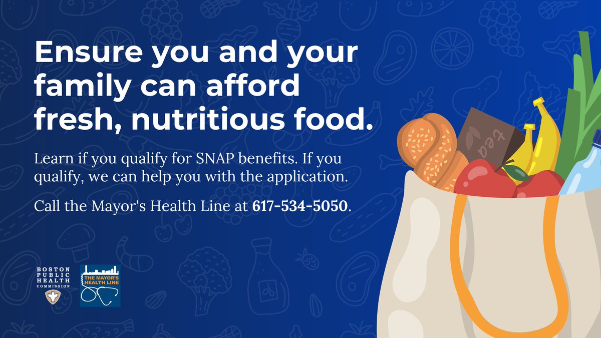 HealthyBoston's tweet image. Do you need help buying fresh, nutritious food?
Our team can screen to see if SNAP is right for you and help submit your SNAP application.
Call us at 617-534-5050 to schedule an appointment with someone from our team.