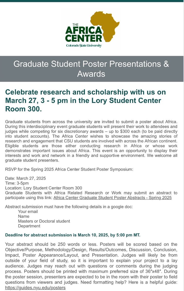 Hello everyone! 

Are you a graduate student either conducting research in Africa or whose work demonstrates important issues about Africa? This event is an opportunity to display your work and network in a friendly environment. Submit your abstract to r by March 10, 5pm.