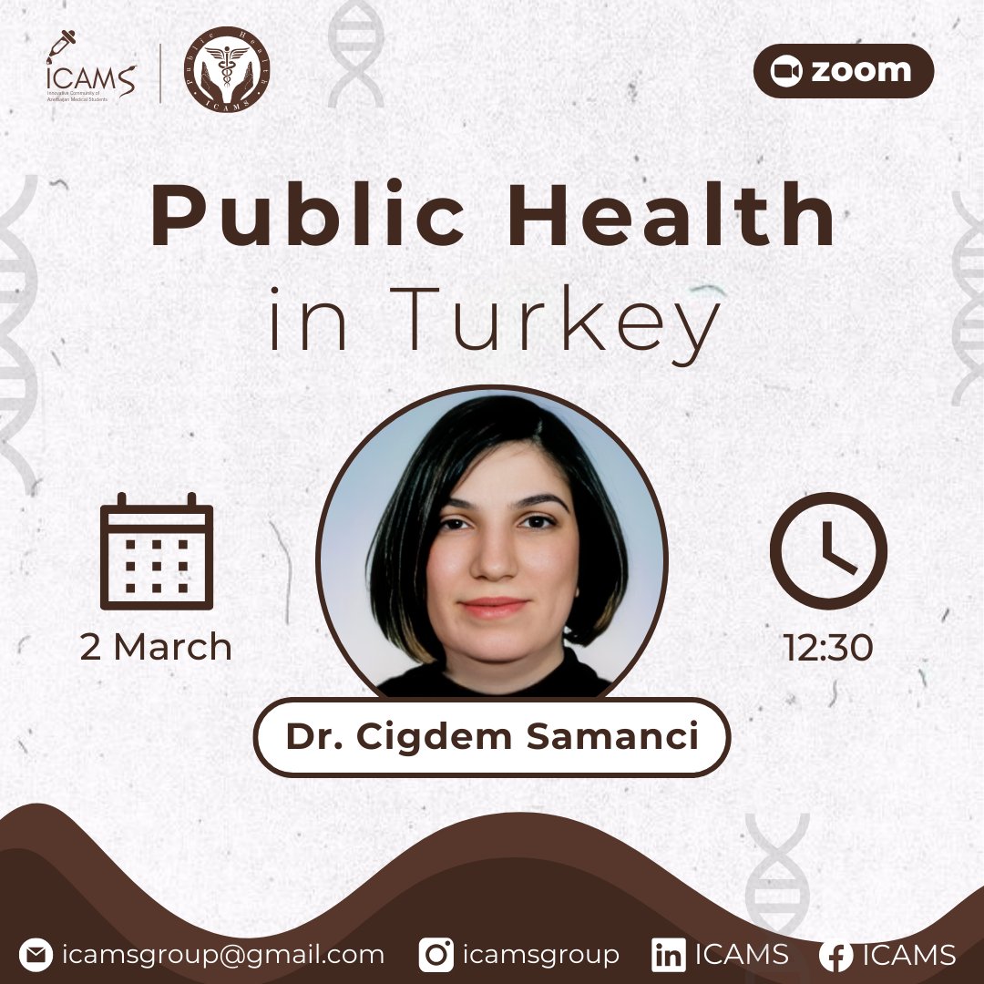 📢 Join us for an insightful webinar: "Public Health in Turkey" with Cigdem Samanci Tekin - a graduate of Nigde Omer Halisdemir University, Faculty of Medicine and a PhD candidate in Public Health.
⏳ March 2, 12:30 PM (GMT+4) 📍 ZOOM 
🔗forms.gle/ZdA2CHqzwUD9v1…