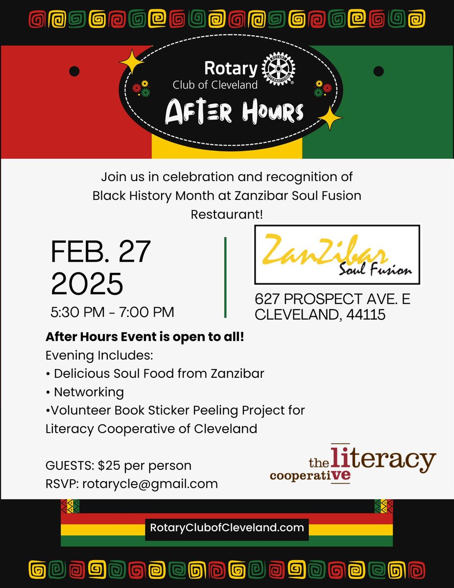 Please join us for Rotary After Hours! Guests are welcome! Please RSVP to the Rotary office at 216-556-8637 or rotarycle@gmail.com