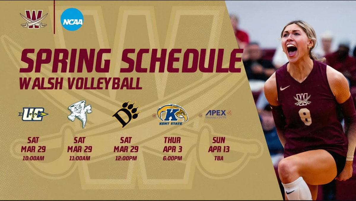 Walsh Volleyball, spring edition is here! Come check out the Cavs this spring. 

March 29 - Home - Alumni Arena,10a-1p
April 3 - Away vs Kent State, 6pm
April 13 - Away at Apex VBC Tourney (Columbus), schedule TBA.

Swords Up! ⚔️