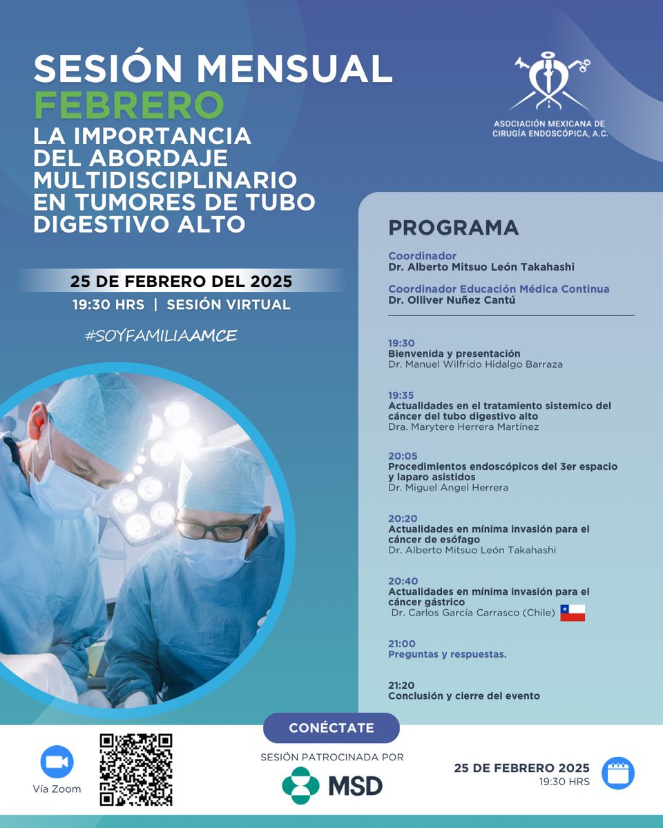 ¡ES HOY! CONÉCTATE A NUESTRA SESIÓN MENSUAL.

Hoy abordaremos el tema “La importancia del abordaje multidisciplinario en tumores de tubo digestivo alto”.

Te esperamos, 19:30 hrs.