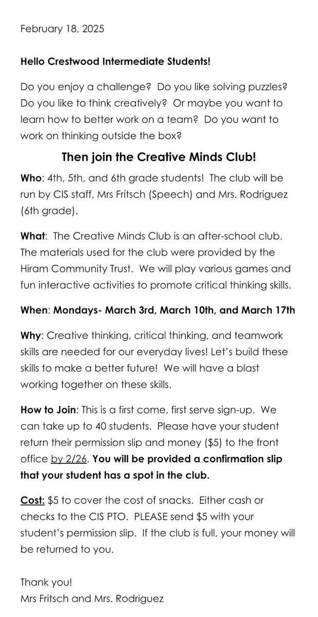 MrsKaiser_clsd's tweet photo. Creative Minds Club is a great opportunity for everyone.  Three weeks of after school snacks, games, and interactive critical thinking activities! $5 and permission slips due by February 26th. https://t.co/cT8ZtQED0j