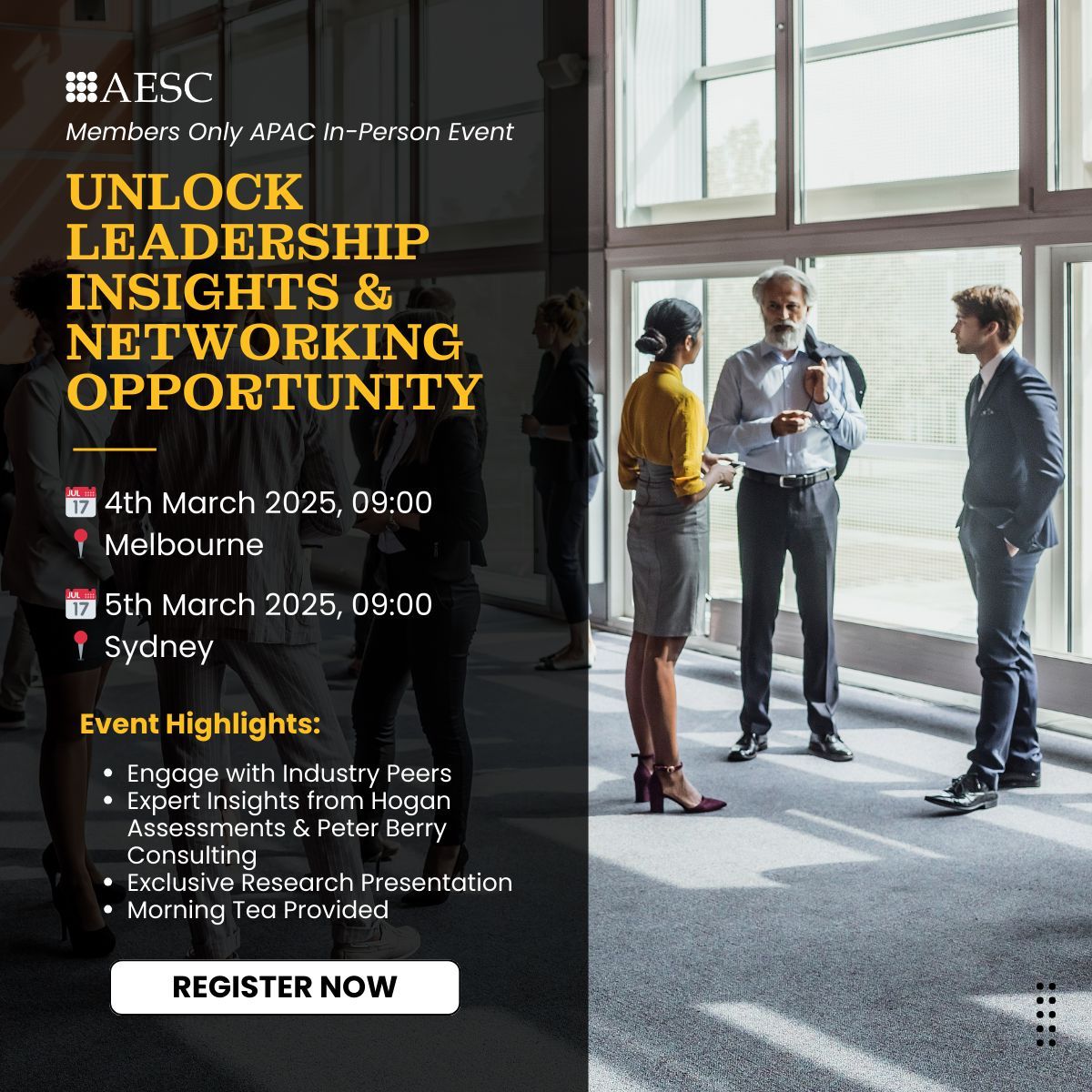Join AESC for a morning of networking with peers in Australia. Register now:  
Melbourne (March 4) - buff.ly/40XEO2f 
Sydney (March 5) - buff.ly/42SzNud 

#networking #executivesearch #Sydney #Melbourne #Australia