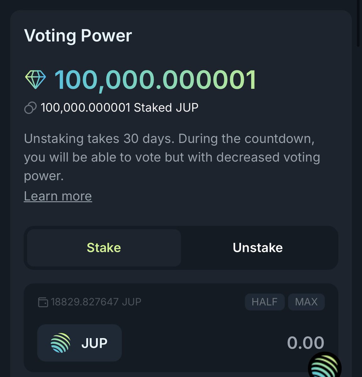 Just Hit first mark of staking 100k $JUP tokens by <a href="/JupiterExchange/">Jupiter (🐱, 🐐)</a> . Ready for votes. Next target 150k $Jup