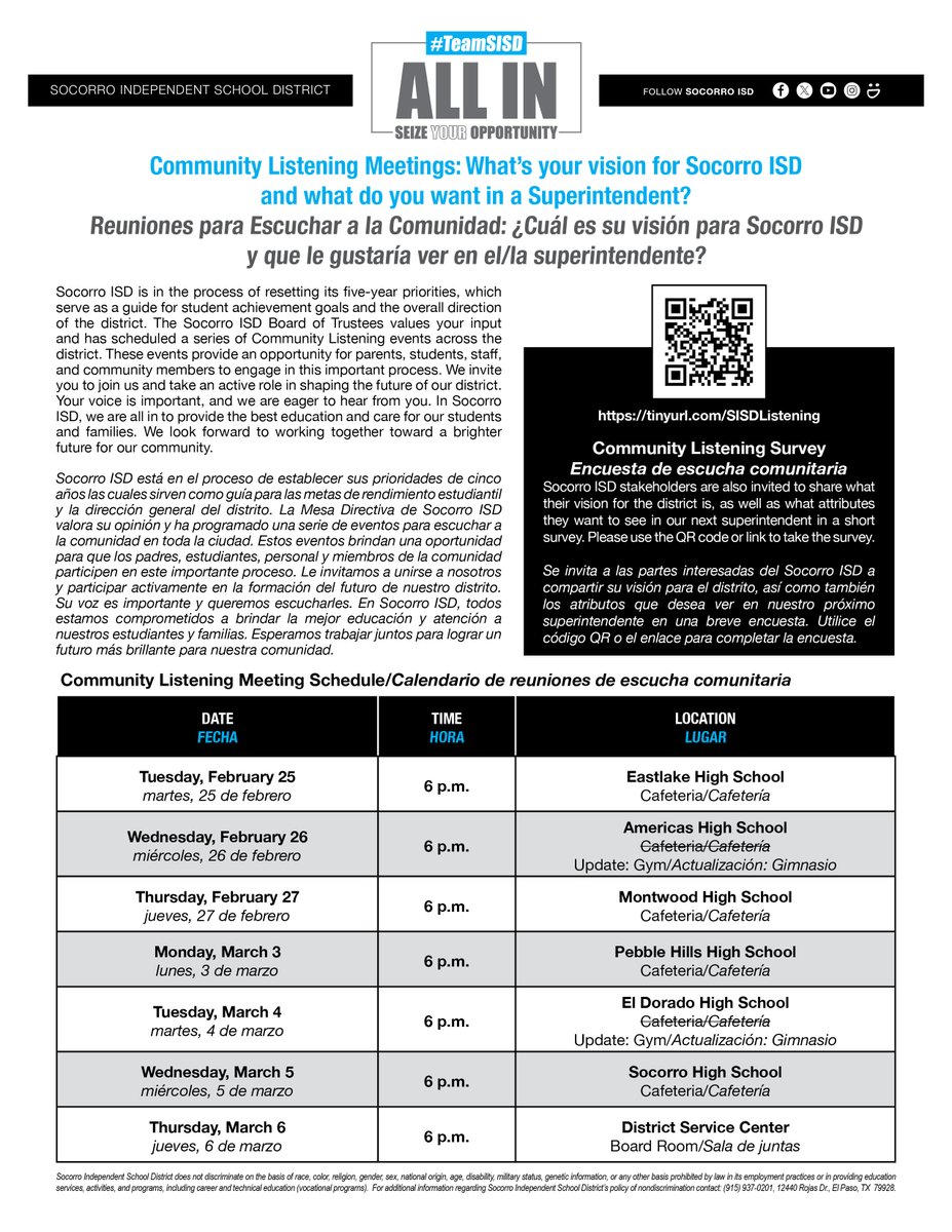 ‼️ LOCATION CHANGE - The SISD Community Listening Meeting scheduled for this evening at Eastlake High School has been RELOCATED to the board room at the SISD District Service Center. The meeting will be at 6 p.m. today. ‼️