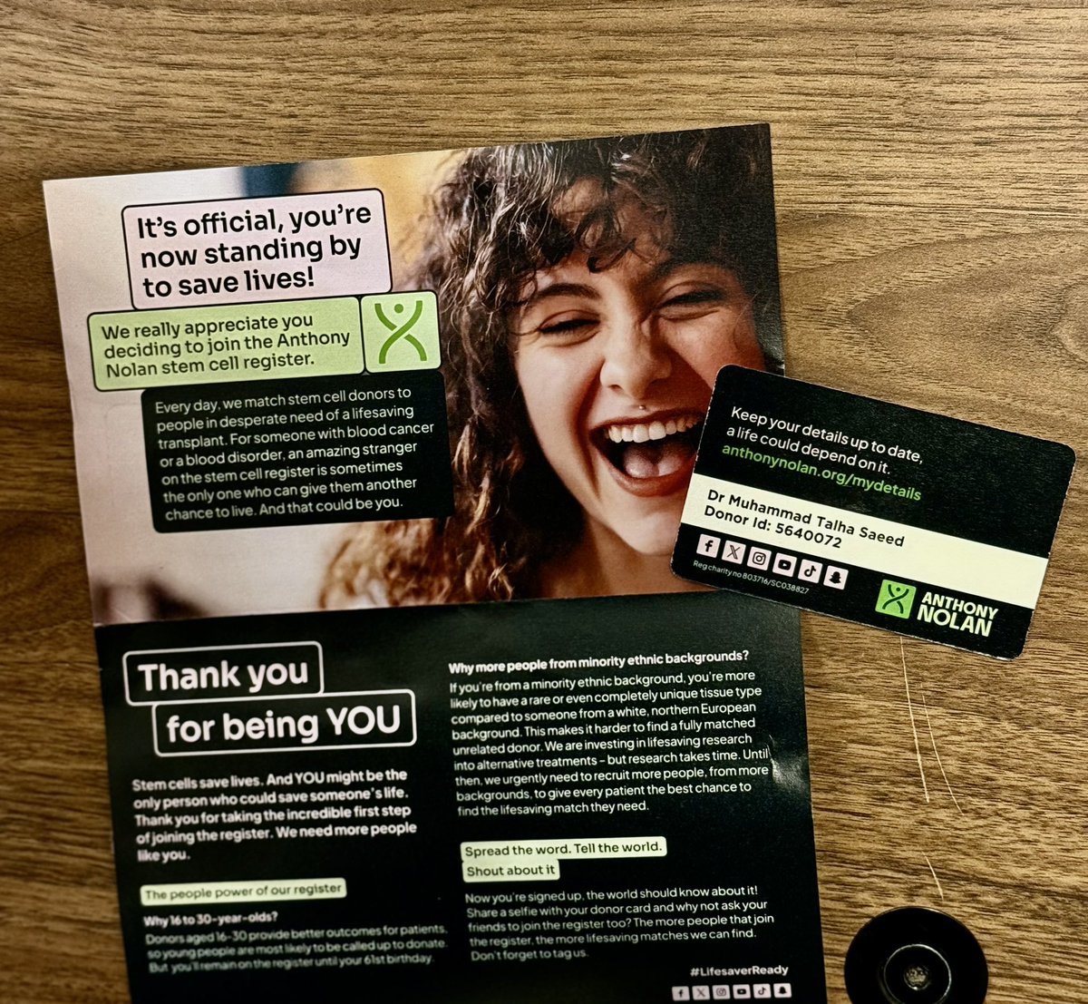 Muhammad Talha Saeed (@talhasaeed908) on Twitter photo After being on NHS organ donor registry,registered with Anthony Nolan stem cell register.
<a href="/AnthonyNolan/">Anthony Nolan</a> <a href="/NHSOrganDonor/">NHS Organ Donation💗🫀🫁</a>
#payback #StemCellTherapy After being on NHS organ donor registry,registered with Anthony Nolan stem cell register.
<a href="/AnthonyNolan/">Anthony Nolan</a> <a href="/NHSOrganDonor/">NHS Organ Donation💗🫀🫁</a>
#payback #StemCellTherapy