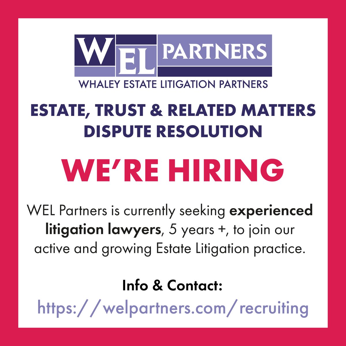 WEL Partners (@welpartners) on Twitter photo WEL Partners is currently seeking experienced litigation lawyers, 5 years +, to join our active and growing Estate Litigation practice.
Info: welpartners.com/recruiting
Contact: Kimberly Whaley, Founding Partner, kim@welpartners.com WEL Partners is currently seeking experienced litigation lawyers, 5 years +, to join our active and growing Estate Litigation practice.
Info: welpartners.com/recruiting
Contact: Kimberly Whaley, Founding Partner, kim@welpartners.com