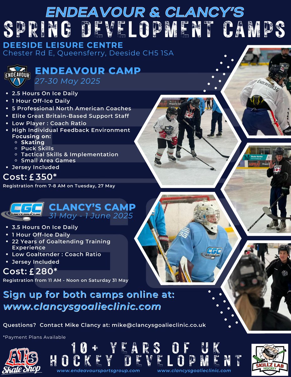 🚨🚨ANNOUNCING THE ENDEAVOUR/CLANCY'S 2025 UK SPRING DEVELOPMENT CAMP🚨🚨

HEY UK FAMILIES AND FRIENDS!!! Endeavour is heading back to the UK for our Spring Development Camp!!!

Join us and <a href="/TheGoalieClinic/">ClancysGoalieClinic</a>  some intensive on-ice development this May!

SEE YOU THERE!!!