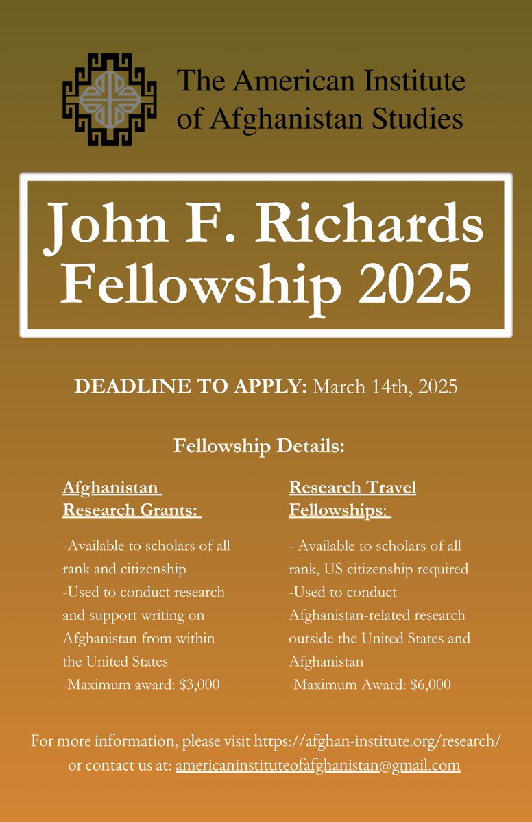 📢Call for 2025 John F. Richards Fellowship Applications!   

Apply now to become a JFR fellow with the American Institute of Afghanistan Studies.  

⏰Deadline to Apply: March 14, 2025.

👉More: afghan-institute.org/research/

#Afghanistan #Research #Fellowships